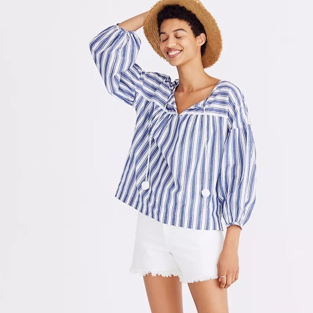 Madewell Blue White Nautical Stripes‎ Peasant Blouse Pom Pom Tie Neck XS